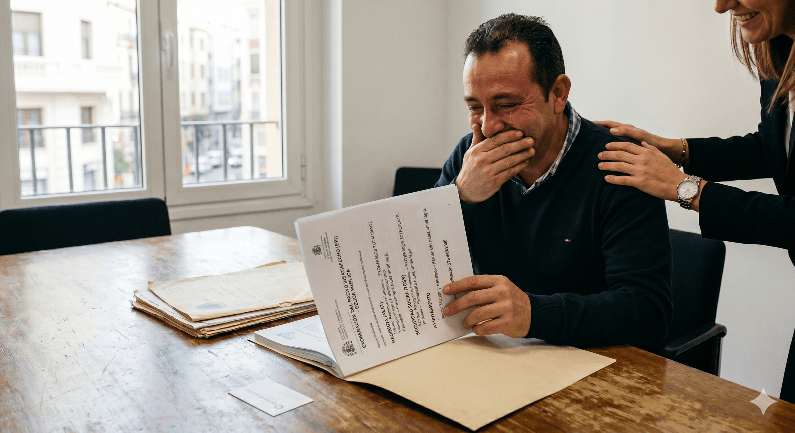Cliente emocionado al recibir el auto de exoneración de deuda pública con Hacienda y Seguridad Social