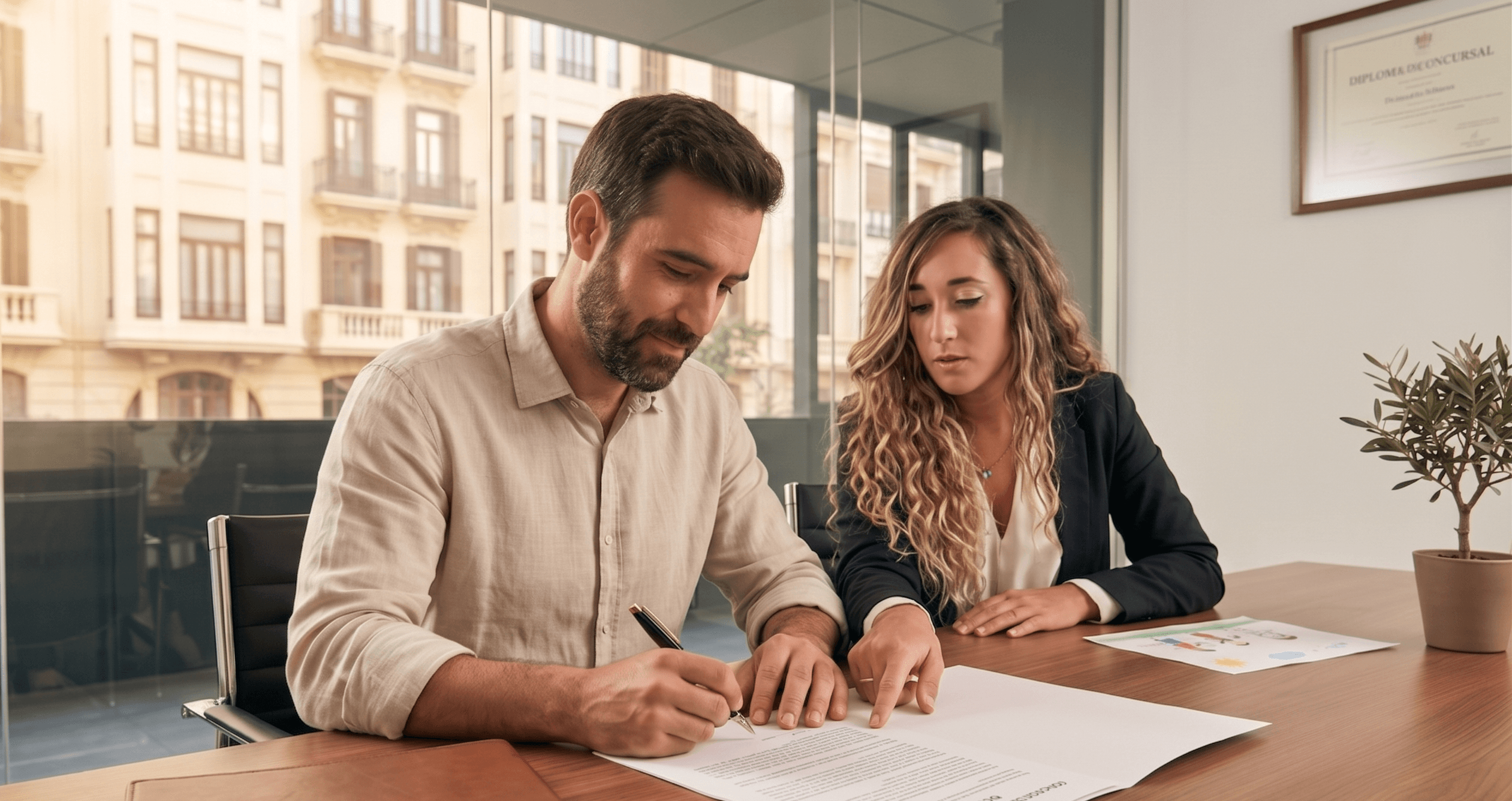 Autónomo firmando acuerdo de Ley de Segunda Oportunidad con abogada