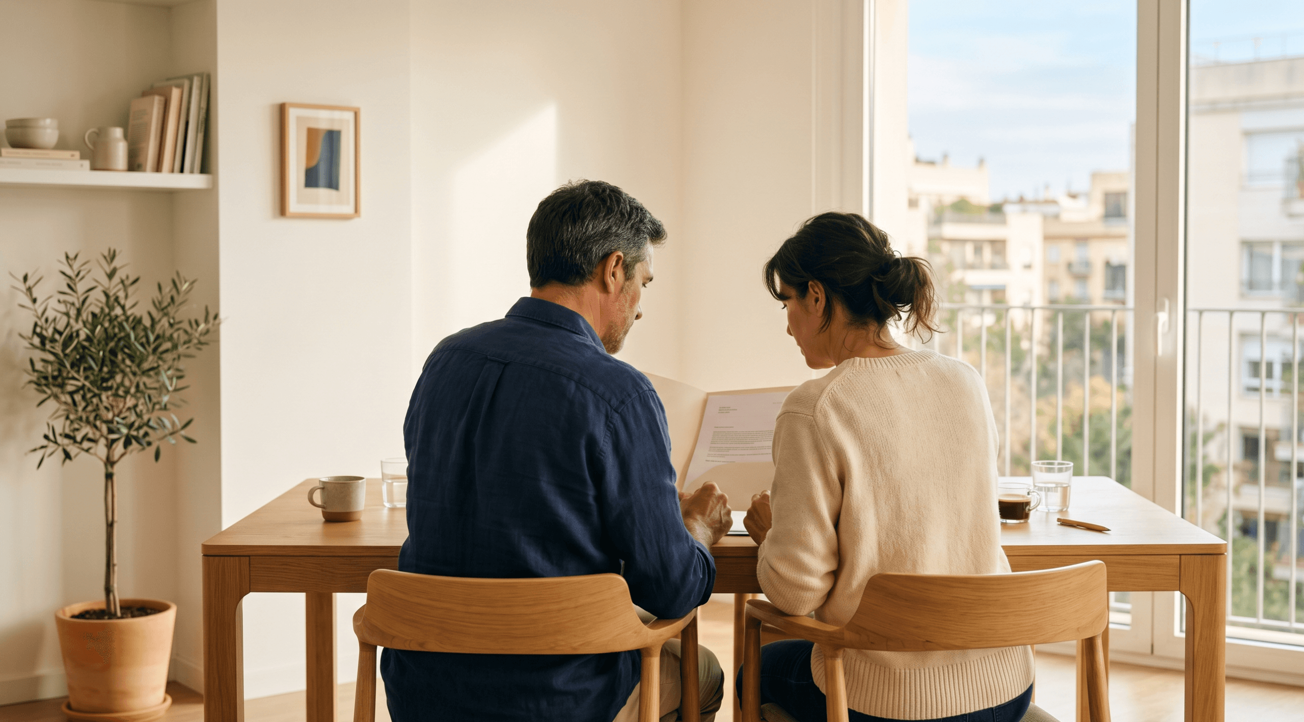 Pareja de espaldas revisando juntos las opciones de EPI con liquidación o plan de pagos en su piso urbano, tomando una decisión sobre su Segunda Oportunidad