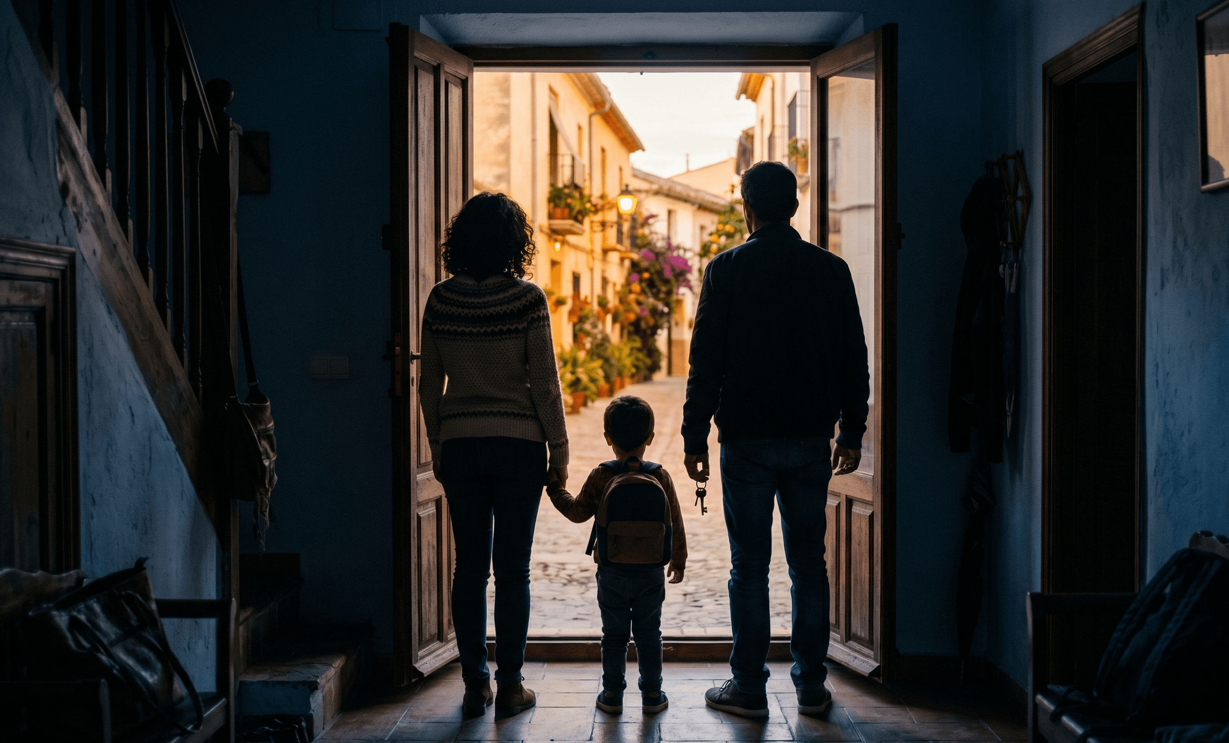 Familia española de espaldas mirando desde la entrada de su hogar hacia la calle, con las llaves en la mano, en el contexto de la Ley de Segunda Oportunidad