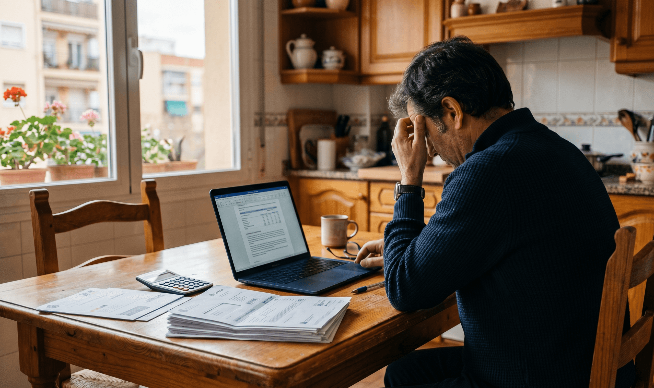 Hombre revisando documentos de deudas y facturas en la cocina de su casa frente a un ordenador portátil