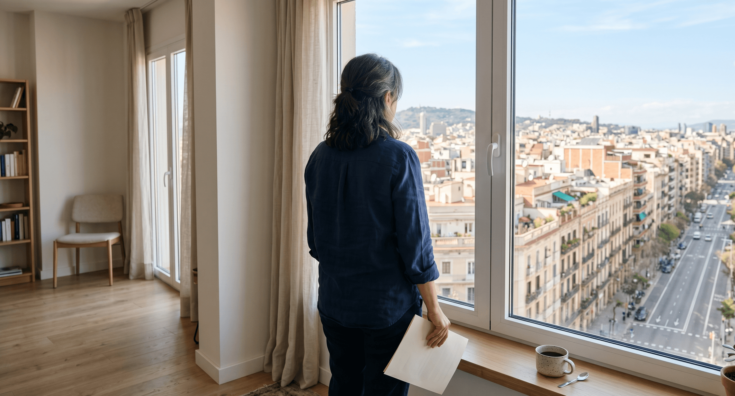 Mujer de espaldas mirando el horizonte urbano desde su piso con un documento oficial en la mano, transmitiendo esperanza ante el concurso sin masa de la Ley de Segunda Oportunidad