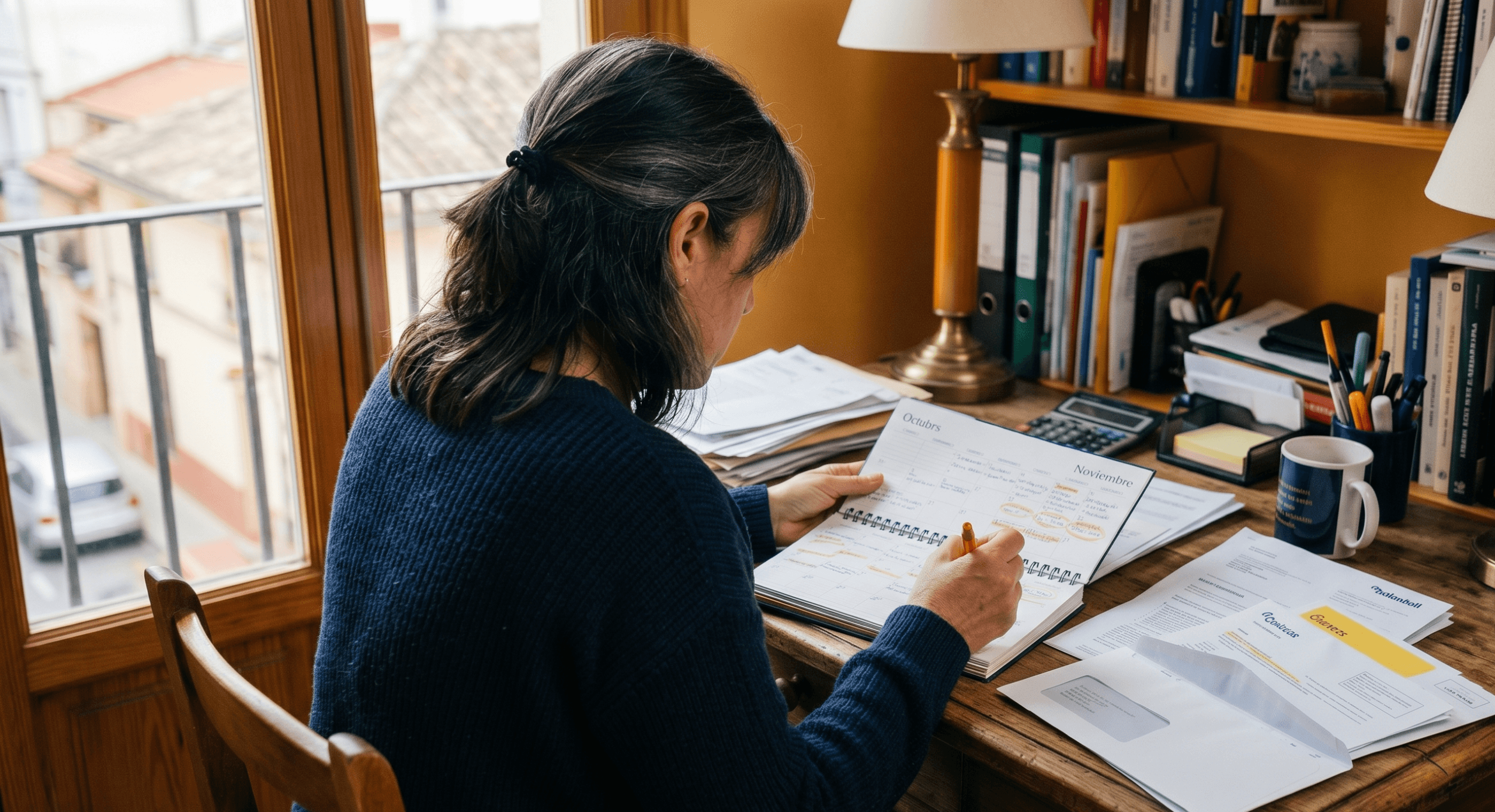 Mujer revisando el calendario y los plazos de su expediente de Ley de Segunda Oportunidad en su escritorio con documentos bancarios
