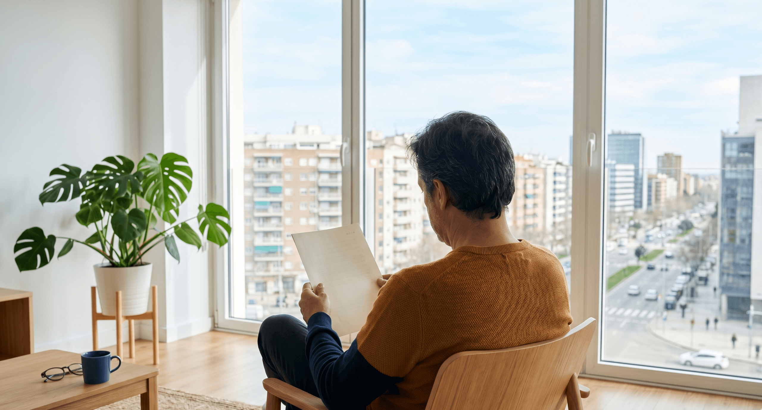 Persona tranquila leyendo un documento oficial en su piso urbano moderno, transmitiendo calma durante el proceso concursal con administrador concursal